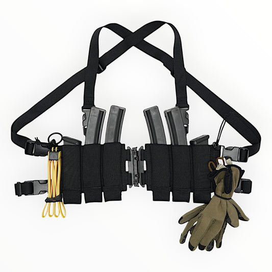 Ez-Rig VTG Edition chest rig featuring a center split design, equipped with elastic bands and tactical gloves.