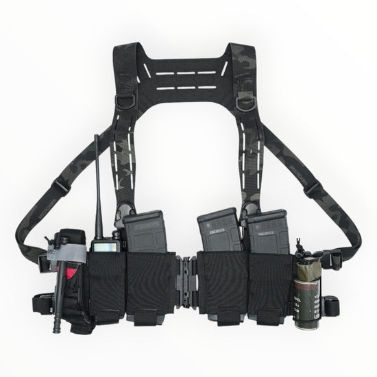 Ez-Rig VTG Edition chest rig showcasing a center-split design with pockets for equipment and accessories.