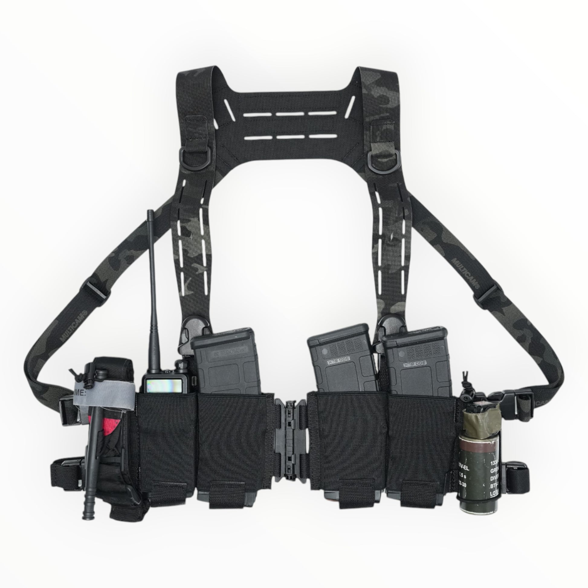 Ez-Rig VTG Edition chest rig showcasing a center-split design with pockets for equipment and accessories.